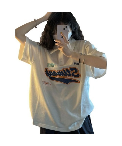 DEVICE（デバイス）の「オーバーサイズ フロントロゴ 刺繍 プリント 半袖 ポロシャツ ポロネック ラガーシャツ（ポロシャツ・レディース・ホワイト・FREE）」の6枚目の写真