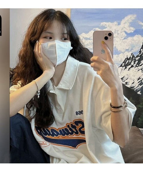 DEVICE（デバイス）の「オーバーサイズ フロントロゴ 刺繍 プリント 半袖 ポロシャツ ポロネック ラガーシャツ（ポロシャツ・レディース・ホワイト・FREE）」の2枚目の写真