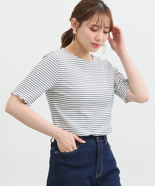 Honeys(ハニーズ)の「半袖テレコメロー使いTシャツ(Tシャツ/カットソー・レディース・ホワイト×イエロー/ピンク/ホワイト系その他/オフホワイト/ブラック/ホワイト×ネイビー/モカ・L/LL/M)」の4枚目の写真