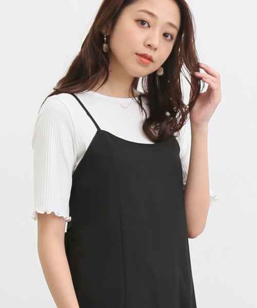 Honeys(ハニーズ)の「半袖テレコメロー使いTシャツ(Tシャツ/カットソー・レディース・ホワイト×イエロー/ピンク/ホワイト系その他/オフホワイト/ブラック/ホワイト×ネイビー/モカ・L/LL/M)」の2枚目の写真