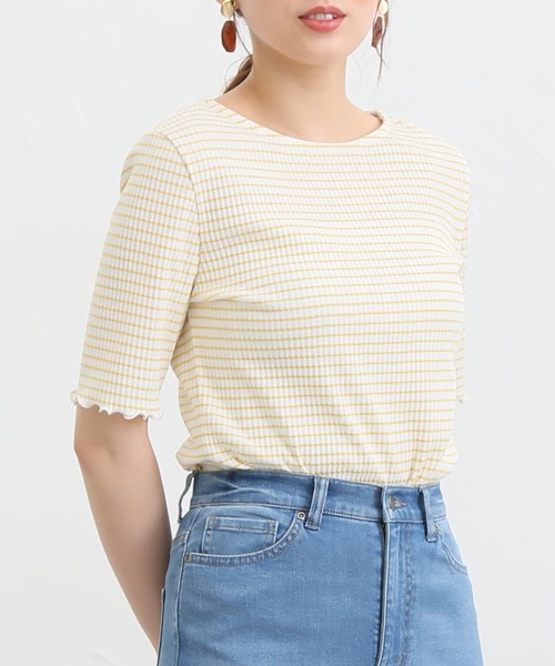 Honeys(ハニーズ)の「半袖テレコメロー使いTシャツ(Tシャツ/カットソー・レディース・ホワイト×イエロー/ピンク/ホワイト系その他/オフホワイト/ブラック/ホワイト×ネイビー/モカ・L/LL/M)」の5枚目の写真