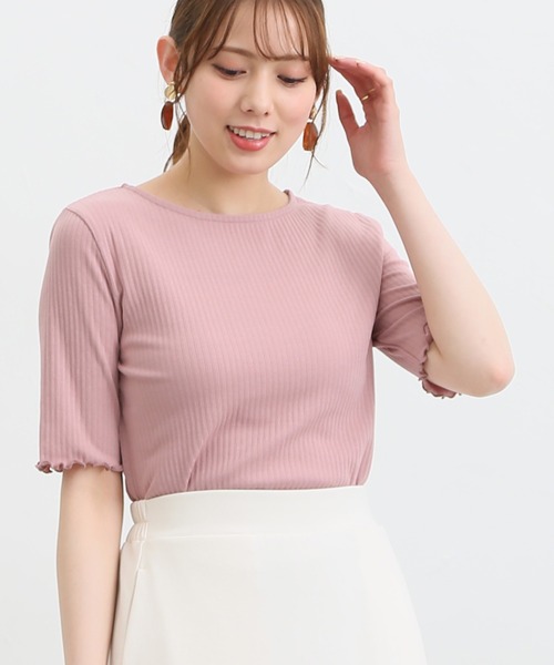 Honeys(ハニーズ)の「半袖テレコメロー使いTシャツ(Tシャツ/カットソー・レディース・ホワイト×イエロー/ピンク/ホワイト系その他/オフホワイト/ブラック/ホワイト×ネイビー/モカ・L/LL/M)」の1枚目の写真