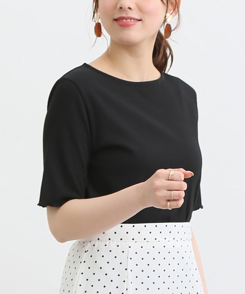 Honeys(ハニーズ)の「半袖テレコメロー使いTシャツ(Tシャツ/カットソー・レディース・ホワイト×イエロー/ピンク/ホワイト系その他/オフホワイト/ブラック/ホワイト×ネイビー/モカ・L/LL/M)」の6枚目の写真