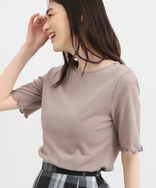 Honeys(ハニーズ)の「半袖テレコメロー使いTシャツ(Tシャツ/カットソー・レディース・ホワイト×イエロー/ピンク/ホワイト系その他/オフホワイト/ブラック/ホワイト×ネイビー/モカ・L/LL/M)」の7枚目の写真
