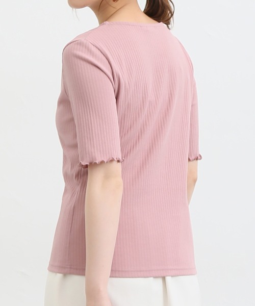 Honeys(ハニーズ)の「半袖テレコメロー使いTシャツ(Tシャツ/カットソー・レディース・ホワイト×イエロー/ピンク/ホワイト系その他/オフホワイト/ブラック/ホワイト×ネイビー/モカ・L/LL/M)」の16枚目の写真