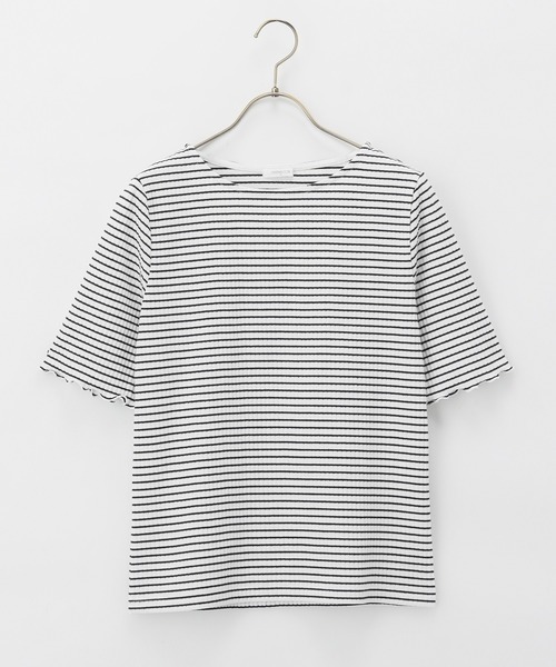 Honeys(ハニーズ)の「半袖テレコメロー使いTシャツ(Tシャツ/カットソー・レディース・ホワイト×イエロー/ピンク/ホワイト系その他/オフホワイト/ブラック/ホワイト×ネイビー/モカ・L/LL/M)」の8枚目の写真