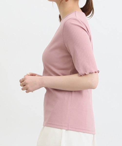 Honeys(ハニーズ)の「半袖テレコメロー使いTシャツ(Tシャツ/カットソー・レディース・ホワイト×イエロー/ピンク/ホワイト系その他/オフホワイト/ブラック/ホワイト×ネイビー/モカ・L/LL/M)」の9枚目の写真