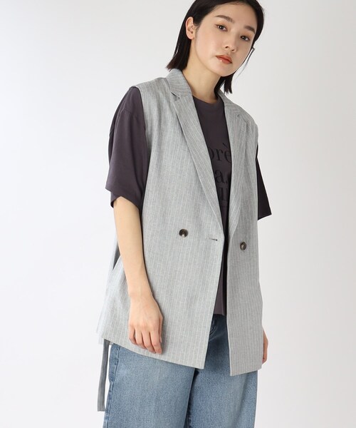THE SHOP TK (ザ ショップ ティーケー )の「◆麻調ストライプノースリジャケット(ベスト・レディース・ベージュ系その他5/ライトグレー系2・99)」の2枚目の写真