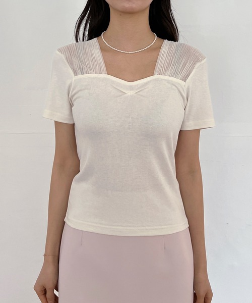 by muni:r(バイ ムニール)の「ショルダーシフォン半袖Tシャツ(Tシャツ/カットソー・レディース・アイボリー/ブラック・FREE)」の18枚目の写真