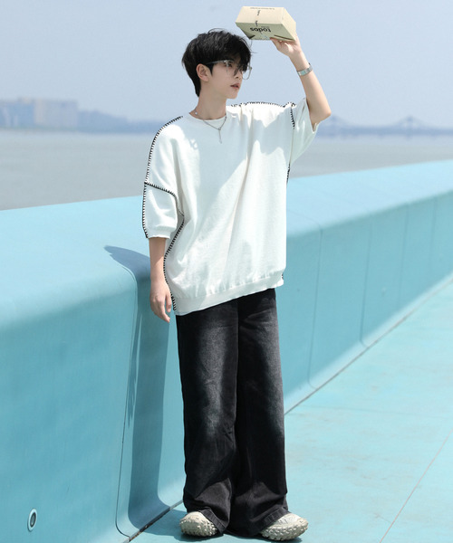 neos(ネオス)の「【neos -addictive design-】ルーズシルエット ハンドステッチ サマーニット トップス(ニット/セーター・メンズ・ブラック/チャコールグレー/ホワイト・LARGE/MEDIUM)」の18枚目の写真