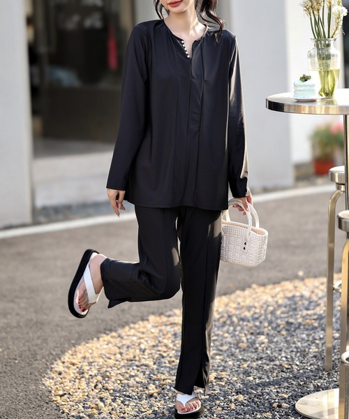 TeddyShop（テディショップ）の「【UVカット率99.9％以上】レディース水着 長袖パールボタン付きラッシュガードトップス（ラッシュガード・レディース・ブラック・M/L/S/LL）」の6枚目の写真