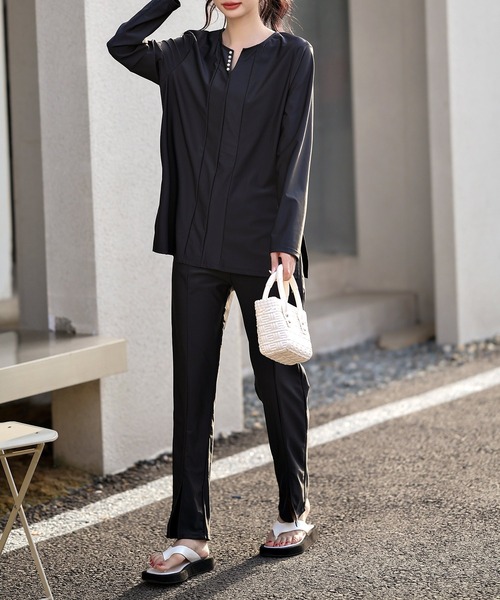 TeddyShop（テディショップ）の「【UVカット率99.9％以上】レディース水着 長袖パールボタン付きラッシュガードトップス（ラッシュガード・レディース・ブラック・M/L/S/LL）」の7枚目の写真