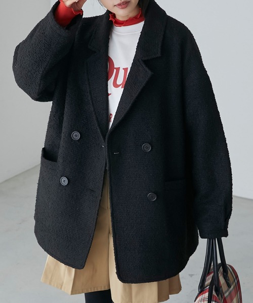 BONLECILL(ボンルシール)の「ブークレー起毛チェック柄ダブルジャケットコート(テーラードジャケット・レディース・ブラック/ブルー/ブラウン・FREE)」の11枚目の写真