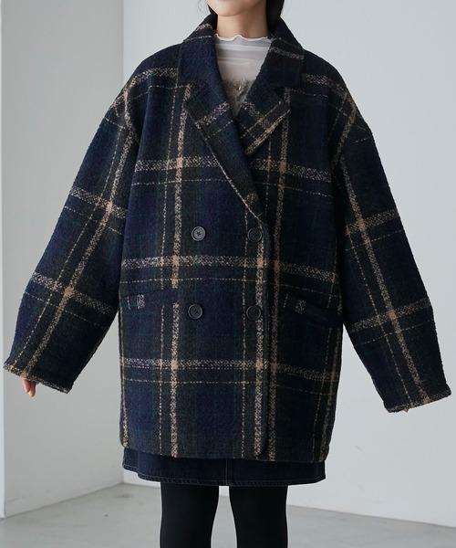 BONLECILL(ボンルシール)の「ブークレー起毛チェック柄ダブルジャケットコート(テーラードジャケット・レディース・ブラック/ブルー/ブラウン・FREE)」の21枚目の写真