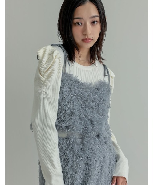 ショルダータックパフスリーブクルーネックニットトップス（ニット