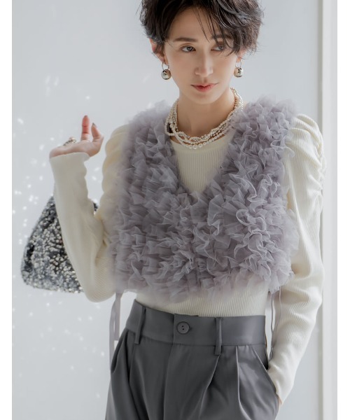 ショルダータックパフスリーブクルーネックニットトップス（ニット