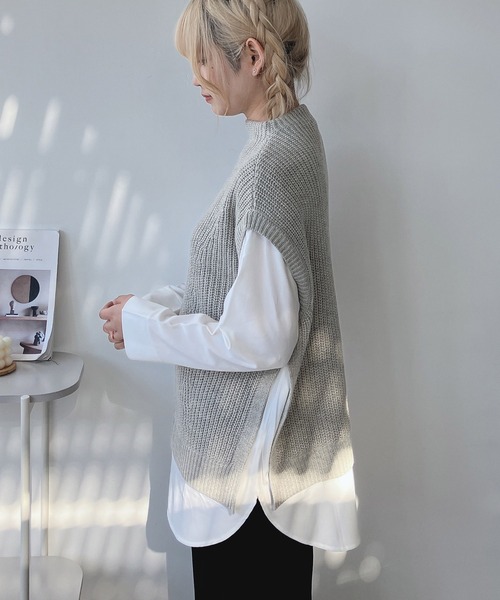 AS KNOW AS plus（アズノゥアズプラス）の「☆あぜ編みベストセット風シャツ（ニット/セーター・レディース・ダークグリーン/チャコールグレー/モスグリーン/ダークブルー/ライトベージュ/ネイビー系/杢グレー/グリーン系/グレイッシュブルー/ベージュ系/グレー系/アイボリー系1/ネイビー系1/ブラウン系1/グレー系1/その他1/グリーン系1・FREE）」の3枚目の写真