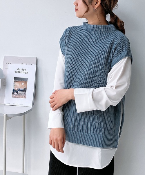 AS KNOW AS plus（アズノゥアズプラス）の「☆あぜ編みベストセット風シャツ（ニット/セーター・レディース・ダークグリーン/チャコールグレー/モスグリーン/ダークブルー/ライトベージュ/ネイビー系/杢グレー/グリーン系/グレイッシュブルー/ベージュ系/グレー系/アイボリー系1/ネイビー系1/ブラウン系1/グレー系1/その他1/グリーン系1・FREE）」の14枚目の写真