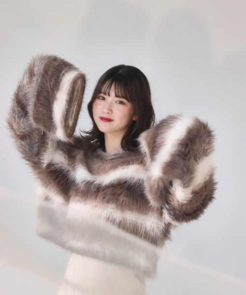 mellowneon（メロウネオン）の「ボーダーシャギーニット（ニット/セーター・レディース・ブラウン・FREE）」の6枚目の写真