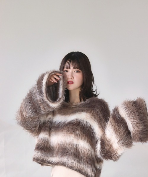 mellowneon（メロウネオン）の「ボーダーシャギーニット（ニット/セーター・レディース・ブラウン・FREE）」の14枚目の写真