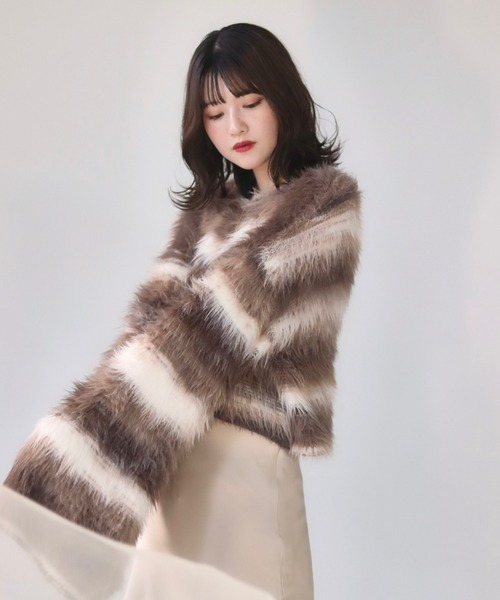 mellowneon（メロウネオン）の「ボーダーシャギーニット（ニット/セーター・レディース・ブラウン・FREE）」の7枚目の写真