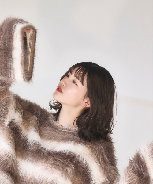 mellowneon（メロウネオン）の「ボーダーシャギーニット（ニット/セーター・レディース・ブラウン・FREE）」の3枚目の写真