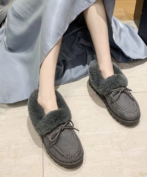 Miniministore(ミニミニストア)の「モカシン レディース ボアローファー冬靴(モカシン/デッキシューズ・レディース・グレー/ブラック/ベージュ/ピンク・23.0cm/23.5cm/24.0cm/24.5cm/25.0cm)」の2枚目の写真