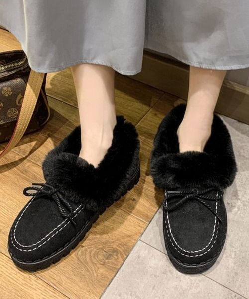 Miniministore(ミニミニストア)の「モカシン レディース ボアローファー冬靴(モカシン/デッキシューズ・レディース・グレー/ブラック/ベージュ/ピンク・23.0cm/23.5cm/24.0cm/24.5cm/25.0cm)」の1枚目の写真