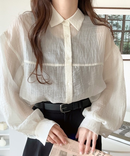 classicalelf（クラシカルエルフ）の「上品なシアー感。シアーワッシャー切替ビッグシャツ（シャツ/ブラウス・レディース・グリーン/ピンクベージュ/アイボリー/チャコールグレー・X-LARGE/SMALL/MEDIUM/LARGE）」の17枚目の写真