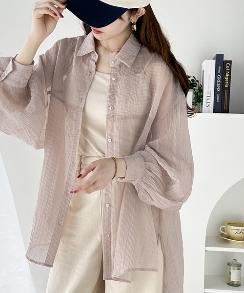 classicalelf（クラシカルエルフ）の「上品なシアー感。シアーワッシャー切替ビッグシャツ（シャツ/ブラウス・レディース・グリーン/ピンクベージュ/アイボリー/チャコールグレー・X-LARGE/SMALL/MEDIUM/LARGE）」の15枚目の写真