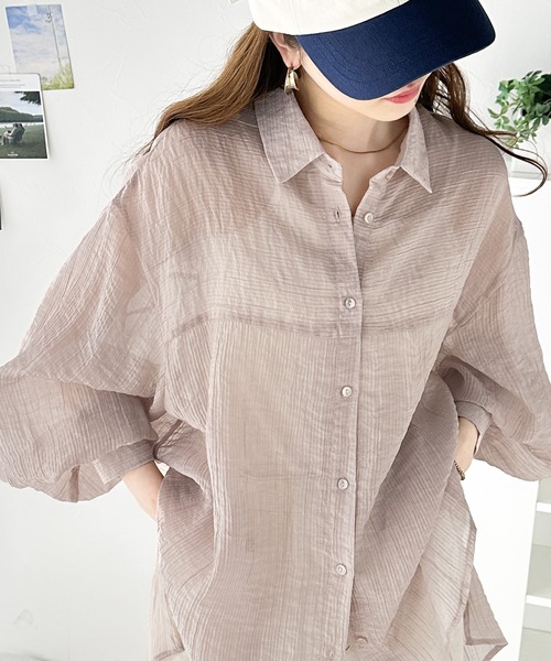 classicalelf（クラシカルエルフ）の「上品なシアー感。シアーワッシャー切替ビッグシャツ（シャツ/ブラウス・レディース・グリーン/ピンクベージュ/アイボリー/チャコールグレー・X-LARGE/SMALL/MEDIUM/LARGE）」の14枚目の写真