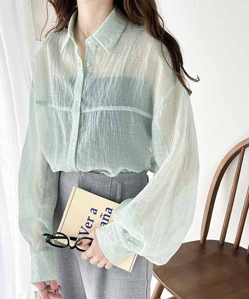 classicalelf（クラシカルエルフ）の「上品なシアー感。シアーワッシャー切替ビッグシャツ（シャツ/ブラウス・レディース・グリーン/ピンクベージュ/アイボリー/チャコールグレー・X-LARGE/SMALL/MEDIUM/LARGE）」の21枚目の写真