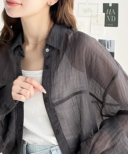 classicalelf（クラシカルエルフ）の「上品なシアー感。シアーワッシャー切替ビッグシャツ（シャツ/ブラウス・レディース・グリーン/ピンクベージュ/アイボリー/チャコールグレー・X-LARGE/SMALL/MEDIUM/LARGE）」の18枚目の写真