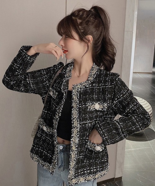 Miniministore(ミニミニストア)の「ツイード風 ジャケット レディース韓国風(ノーカラージャケット・レディース・ホワイト/ブラック・XL/XXL)」の4枚目の写真