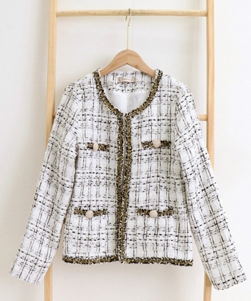 Miniministore(ミニミニストア)の「ツイード風 ジャケット レディース韓国風(ノーカラージャケット・レディース・ホワイト/ブラック・XL/XXL)」の18枚目の写真