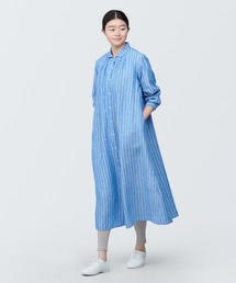 婦人　リネン　洗いざらし長袖シャツワンピース