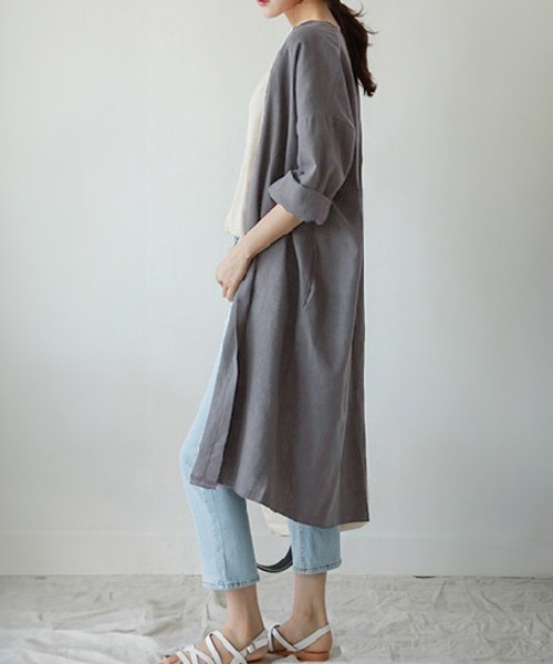 Miniministore(ミニミニストア)の「韓国ロングカーディガン 綿麻 薄手羽織り(カーディガン/ボレロ・レディース・グレー/カーキ・M/XL/L)」の19枚目の写真