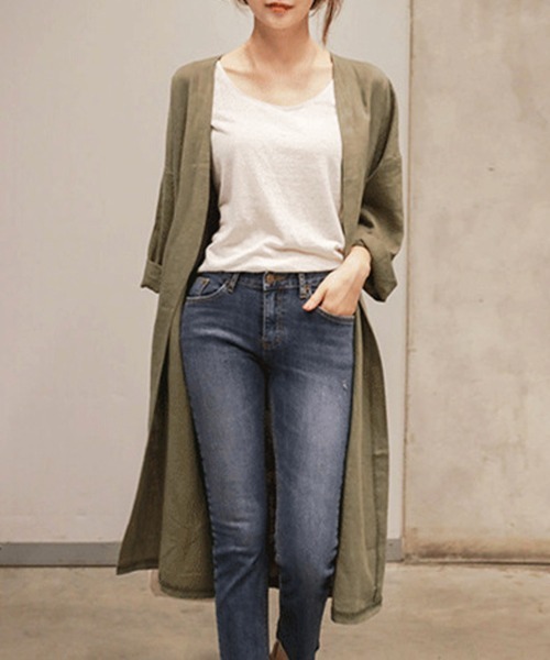Miniministore(ミニミニストア)の「韓国ロングカーディガン 綿麻 薄手羽織り(カーディガン/ボレロ・レディース・グレー/カーキ・M/XL/L)」の21枚目の写真