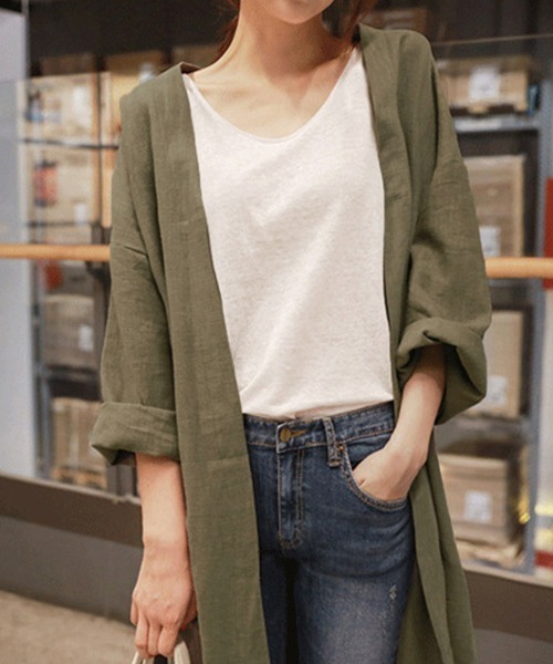 Miniministore(ミニミニストア)の「韓国ロングカーディガン 綿麻 薄手羽織り(カーディガン/ボレロ・レディース・グレー/カーキ・M/XL/L)」の22枚目の写真