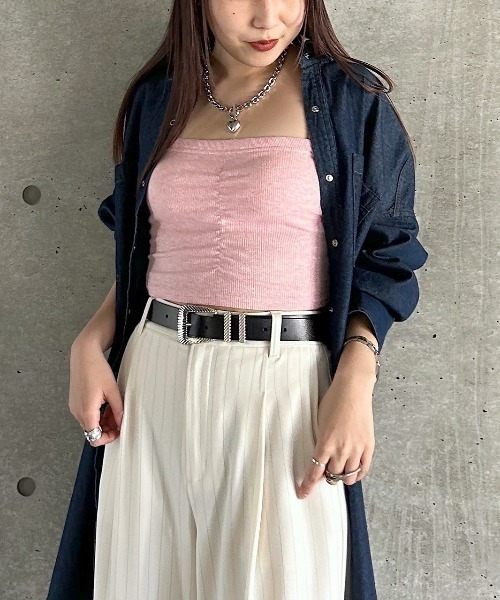 PAGEBOY(ページボーイ)の「<カップ付き>フロントシャーリングショートキャミ(キャミソール・レディース・ピンク/ブルー系その他/ブラック・FREE)」の1枚目の写真