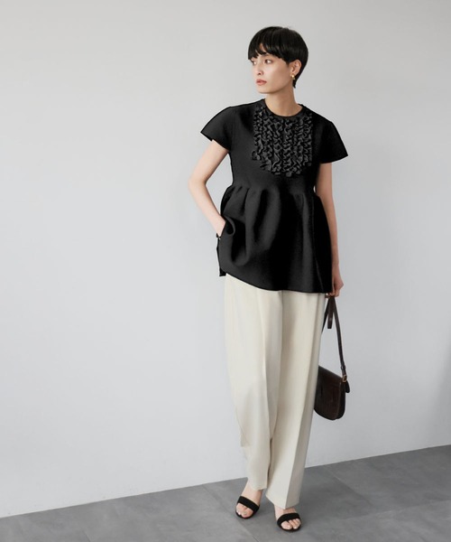 【2024SS】フロントフリルペプラム半袖ニットプルオーバー