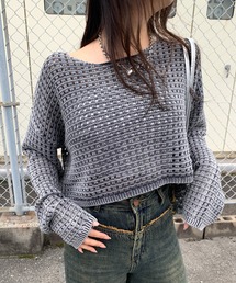 透かし編みブリーチクロップド丈ニットトップス