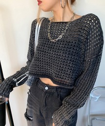 透かし編みブリーチクロップド丈ニットトップス