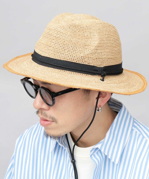 ReqHatter（レックハッター）の「ラフィア 細編み ワイドブリム ブレードハット（ハット・メンズ・ブラック/ベージュ・FREE）」の2枚目の写真