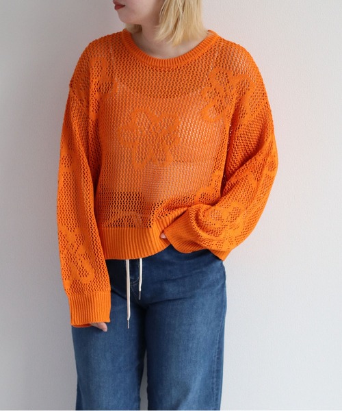 cepo(セポ)の「フラワージャガードスカシアミニット(ニット/セーター・レディース・オレンジ/ライム/オフホワイト・M)」の1枚目の写真