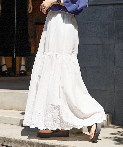 RAGEBLUE（レイジブルー）の「コットンレース切替フレアロングスカート（スカート・レディース・ブラック/ホワイト・FREE）」の6枚目の写真