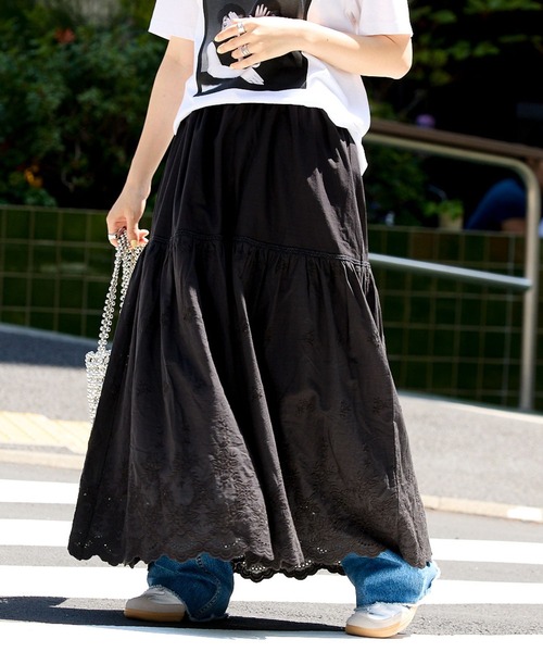 RAGEBLUE（レイジブルー）の「コットンレース切替フレアロングスカート（スカート・レディース・ブラック/ホワイト・FREE）」の16枚目の写真