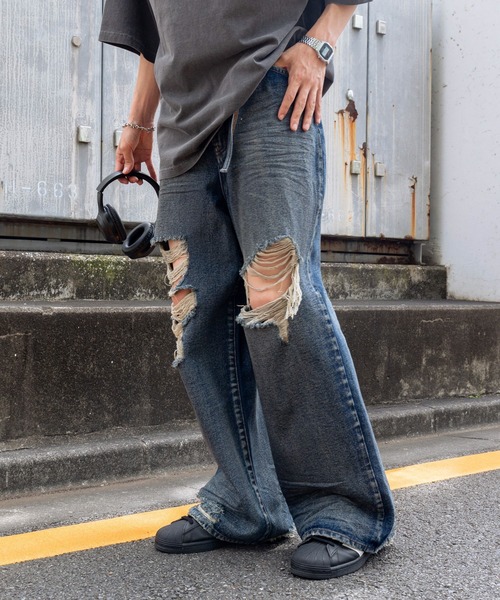 WEGO(ウィゴー)の「WEGO/スーパーバギーデストロイデニム(デニムパンツ・メンズ・コバルトブルー/スミクロ・SMALL/MEDIUM)」の9枚目の写真