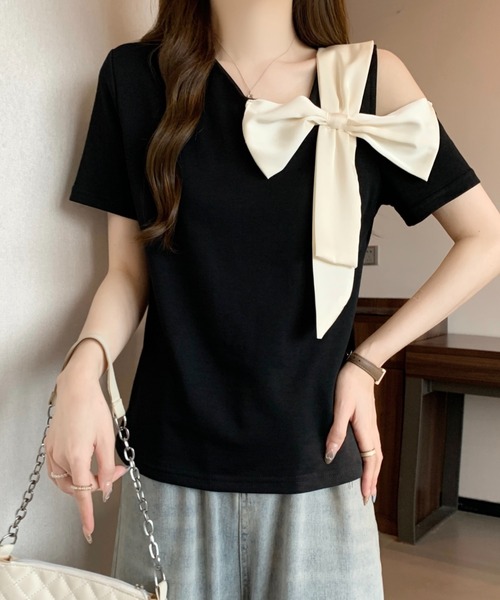 N.s(エヌドットエス)の「アシメリボンカットソー(Tシャツ/カットソー・レディース・ベージュ/ブラック・M/L)」の1枚目の写真