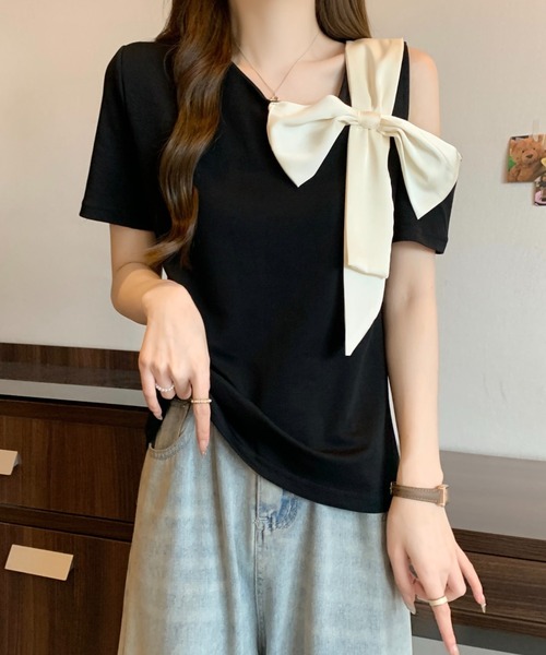 N.s(エヌドットエス)の「アシメリボンカットソー(Tシャツ/カットソー・レディース・ベージュ/ブラック・M/L)」の7枚目の写真